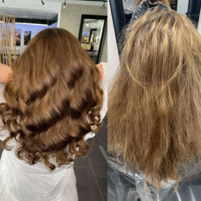 Frau mit blond-braunen Haaren vor und nach ihrer Haarbehandlung