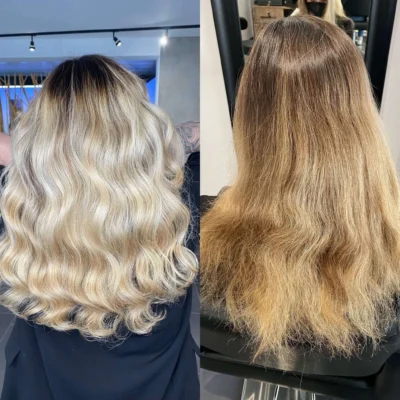 Bild vor und nach dem Haarschnitt von einer blonden Frau mit zunächst glatten Haaren und danach mit Locken