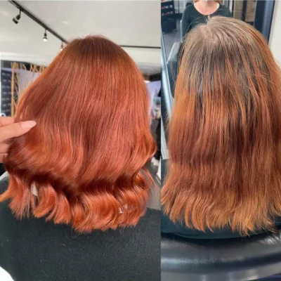 Frau mit rotgefärbten Haare vor und nach ihrer Farbauffrischung