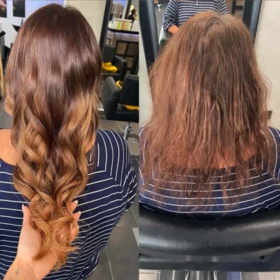 Bild einer brünetten Frau vor und nach ihrem Friseurbesuch
